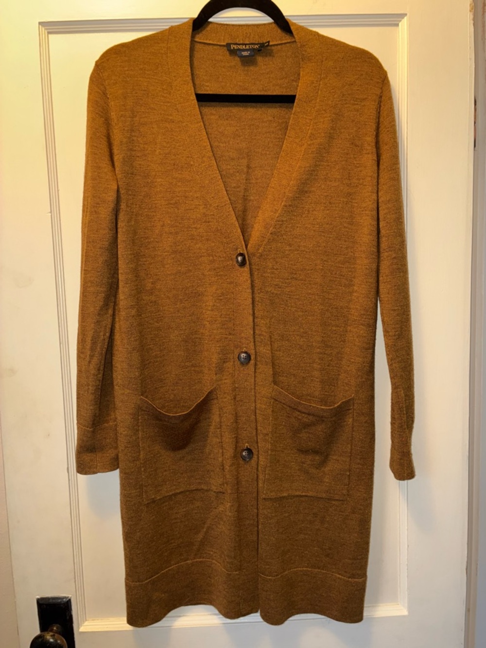 Pendleton Long Cardigan Sweater Womens XS Beige Merino Wool Ribbed Trim Classic